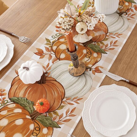 Pumpkin Leaves Fall Table Runner, (13x60 Inch) Thanksgiving Harvest Farmhouse - Picture 2 of 5